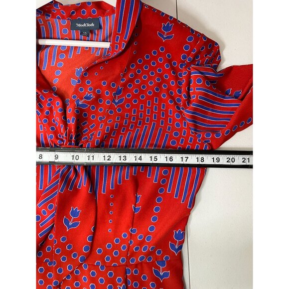ModCloth Dress Womens 10 Fit and Flare Long Sleeve Pleated Red Blue Print Fall - Picture 13 of 16